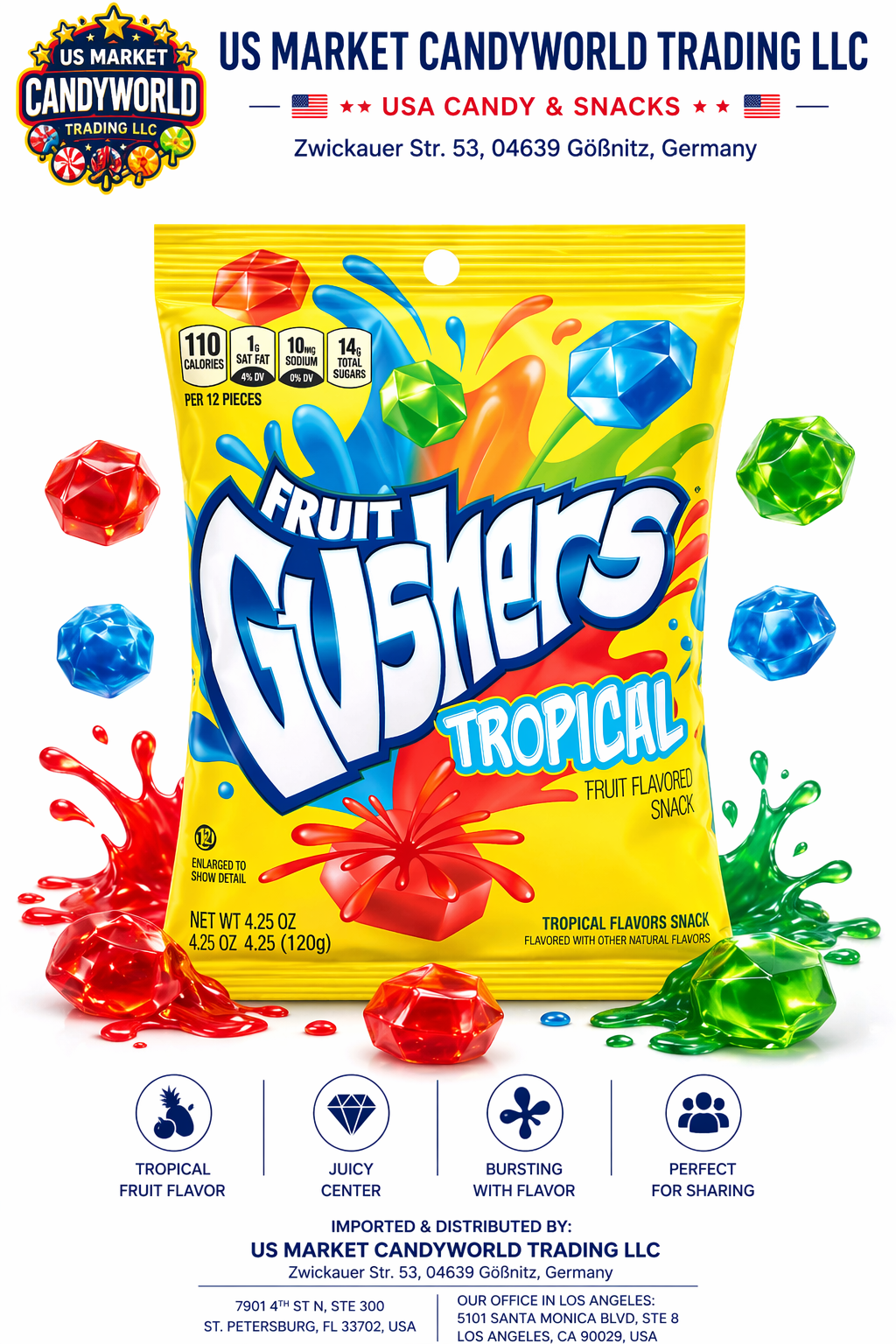 Fruit Gushers Tropical – Fruchtgummi Snack mit flüssigem Kern (120 g) -(USA-Import) – Florida Candy