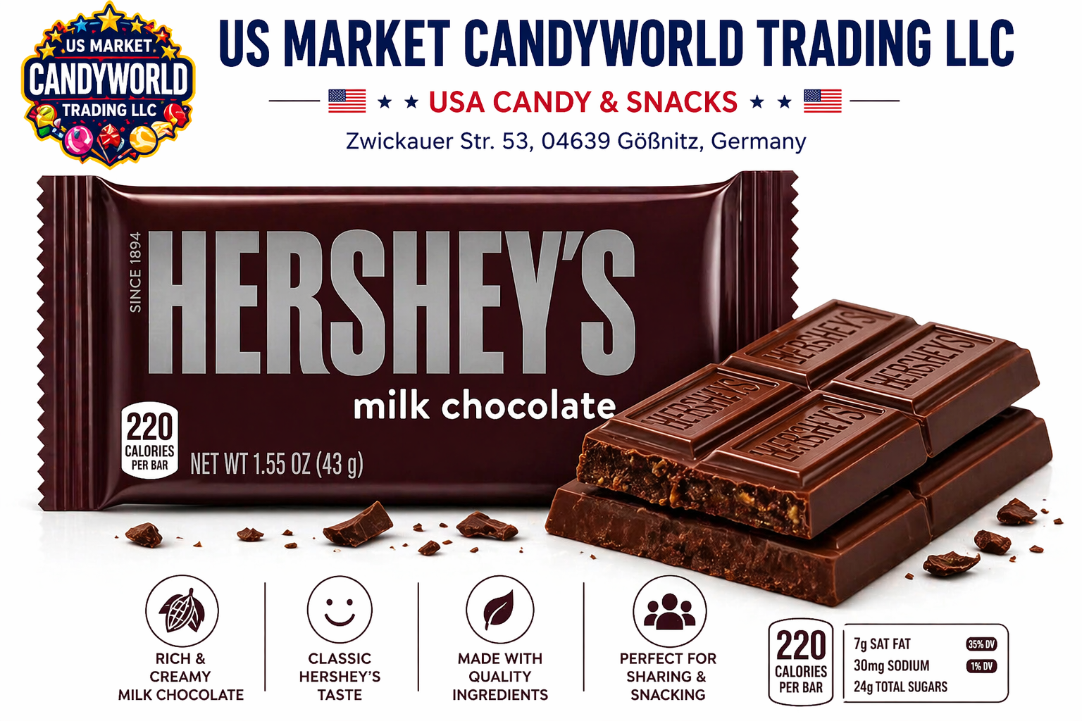 Hershey's Milchschokoladenriegel 1,55oz (43g) - (USA) – Florida Candy