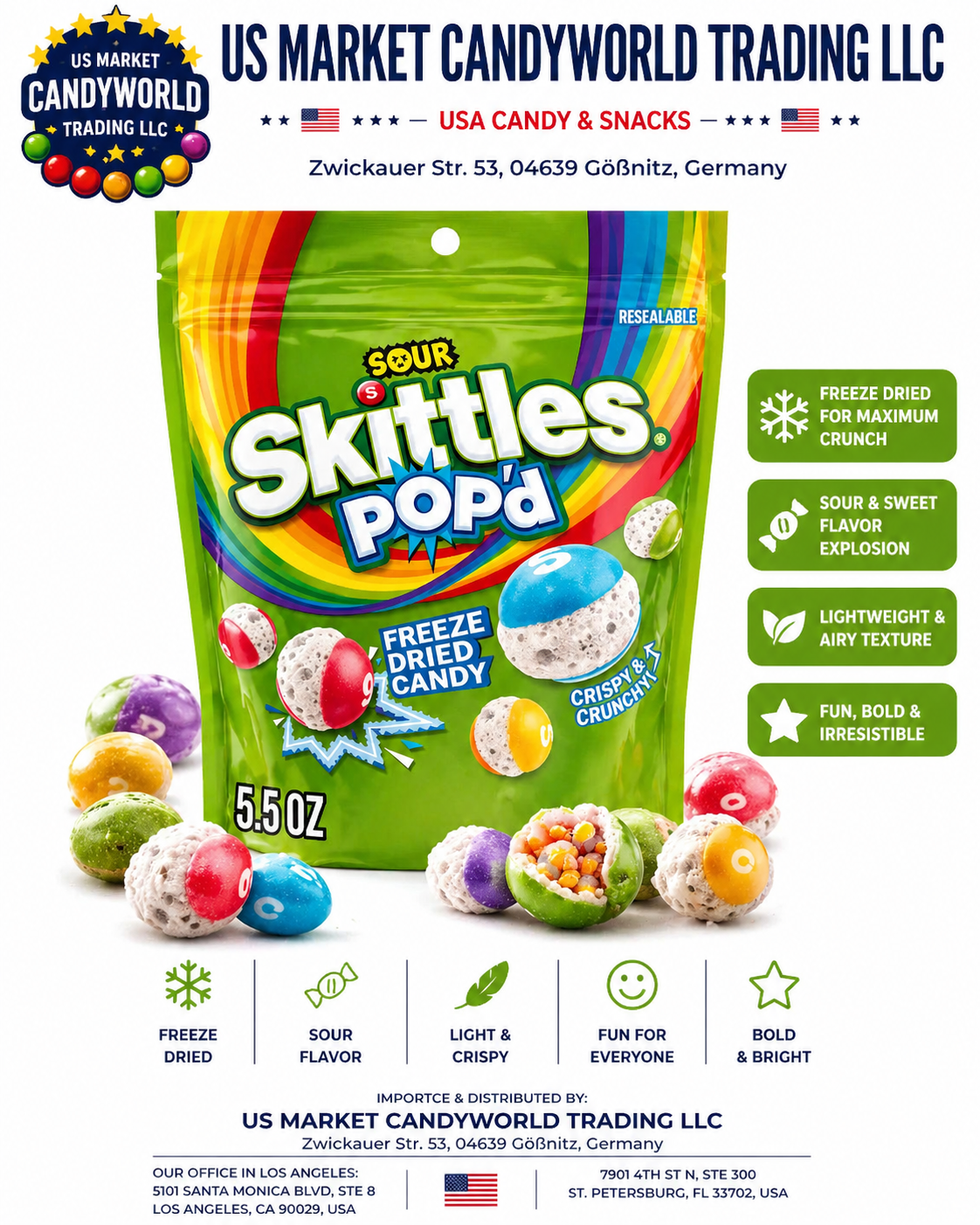 Sour Skittles Pop’d – Freeze Dried Candy (5.5 oz / 156 g) – Florida Candy