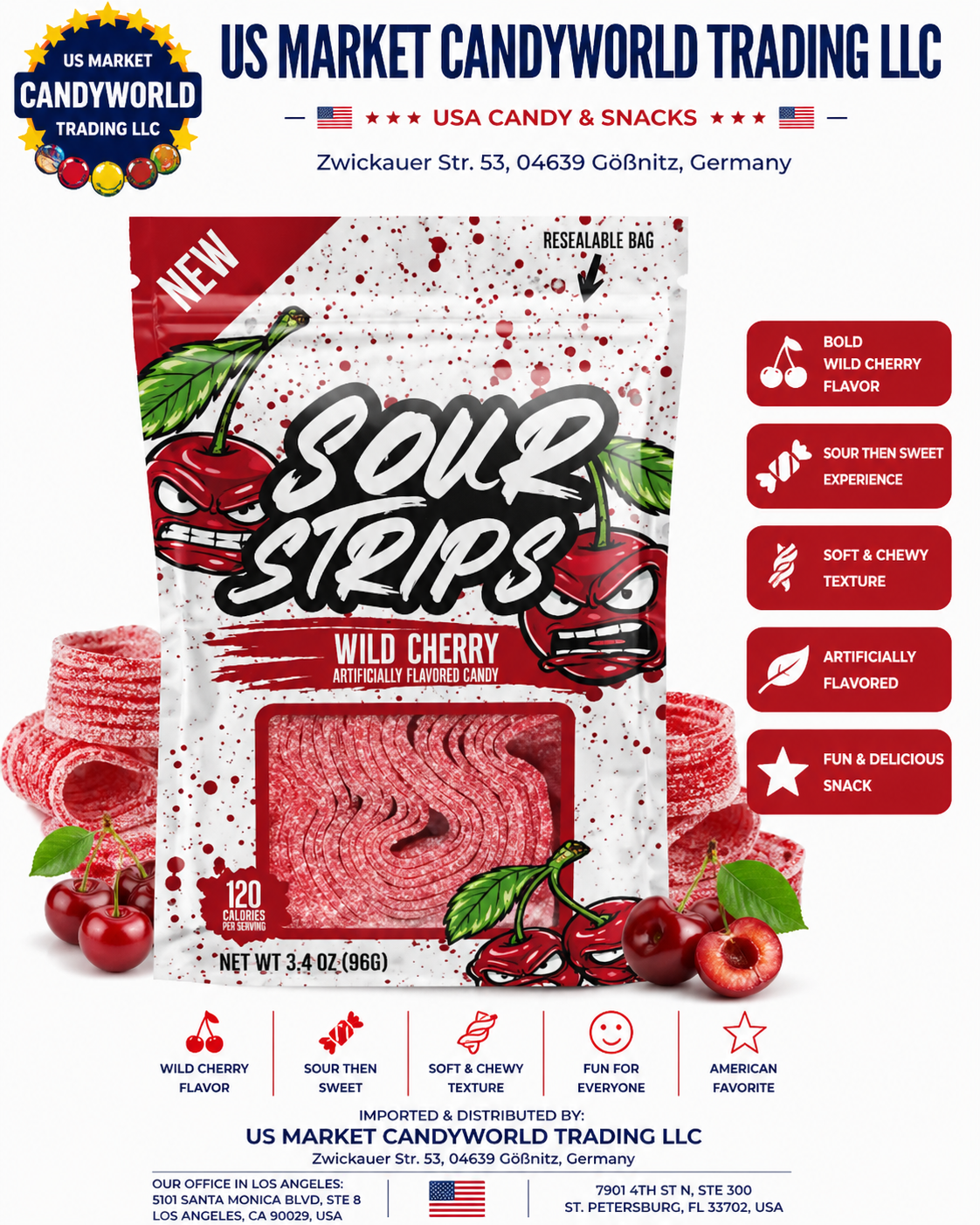 Sour Strips Rote Kirsche 3,38oz - 96g - (USA -Import) – Florida Candy