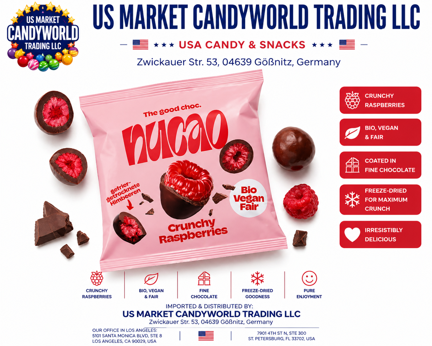 NUCAO Crunchy Raspberries – Schokolade mit gefriergetrockneten Himbeeren – Florida Candy