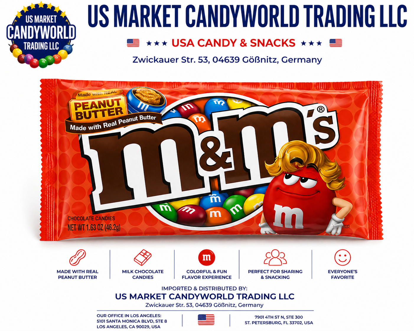 M&M’s Peanut Butter – Gefüllte Schokolinsen mit cremiger Erdnussbutter 1,63oz - 46,2g – Florida Candy