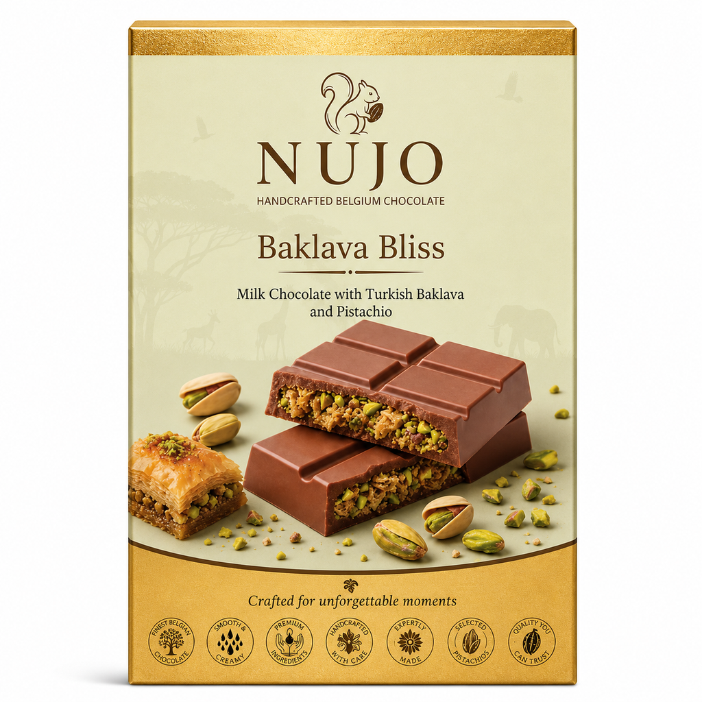 NUJO Baklava Bliss – Belgische Milchschokolade mit türkischer Baklava & Pistazien – 90 g / 180 g
