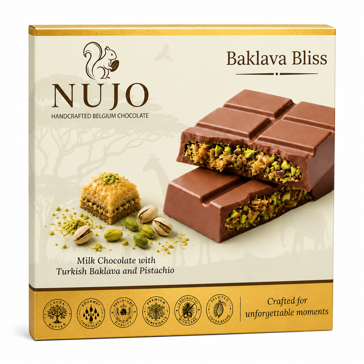 NUJO Baklava Bliss – Belgische Milchschokolade mit türkischer Baklava & Pistazien – 90 g / 180 g